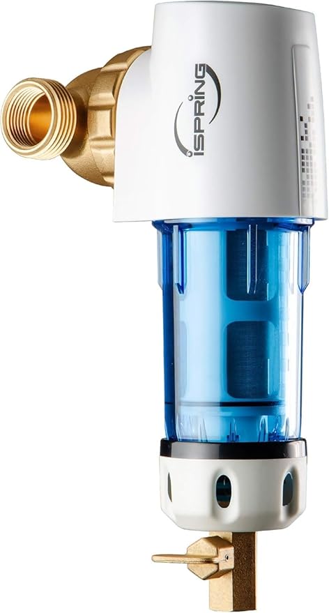 iSpring WSP100GR Reusable Spin Down Sediment Water Filter 100 Micron with Built-in Housing Scraper, 360° Rotatable Head, Pressure Gauge, Blue