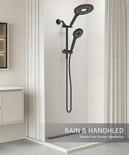 Filtered Shower Head with Handheld Shower Head High Pressure Rainfall System with Slide Bar Dual Filter Softener for Hard Water,6 Spray Modes,Adjustable Height,Black