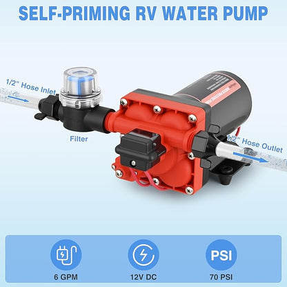 Nilight RV Water Pump 12v Diaphragm Pump 6.0 GPM 70 PSI with Pressure Switch & Strainer 12 Volt DC Heavy Duty Camper RV Pump Upgrade Self-Priming Low Noice for RV Marine Yacht Caravan Camper Trailer