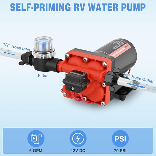 Nilight RV Water Pump 12v Diaphragm Pump 6.0 GPM 70 PSI with Pressure Switch & Strainer 12 Volt DC Heavy Duty Camper RV Pump Upgrade Self-Priming Low Noice for RV Marine Yacht Caravan Camper Trailer