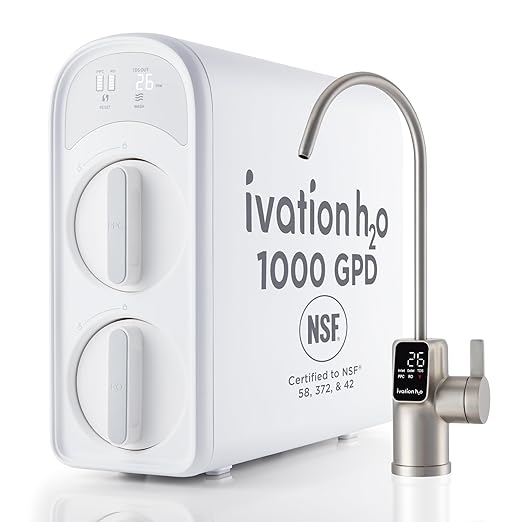 Ivation H2O 1000 GPD Reverse Osmosis Under Sink, Tankless Water Purifier, Home Kitchen Drinking Water Filtration TDS System with 8-Stage Filter NSF/ANSI 42, 58 & 372 Certified, Smart LED Faucet