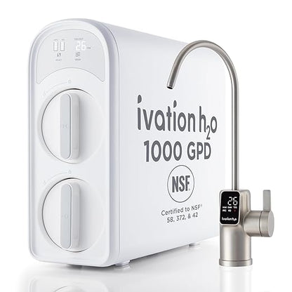 Ivation H2O 1000 GPD Reverse Osmosis Under Sink, Tankless Water Purifier, Home Kitchen Drinking Water Filtration TDS System with 8-Stage Filter NSF/ANSI 42, 58 & 372 Certified, Smart LED Faucet