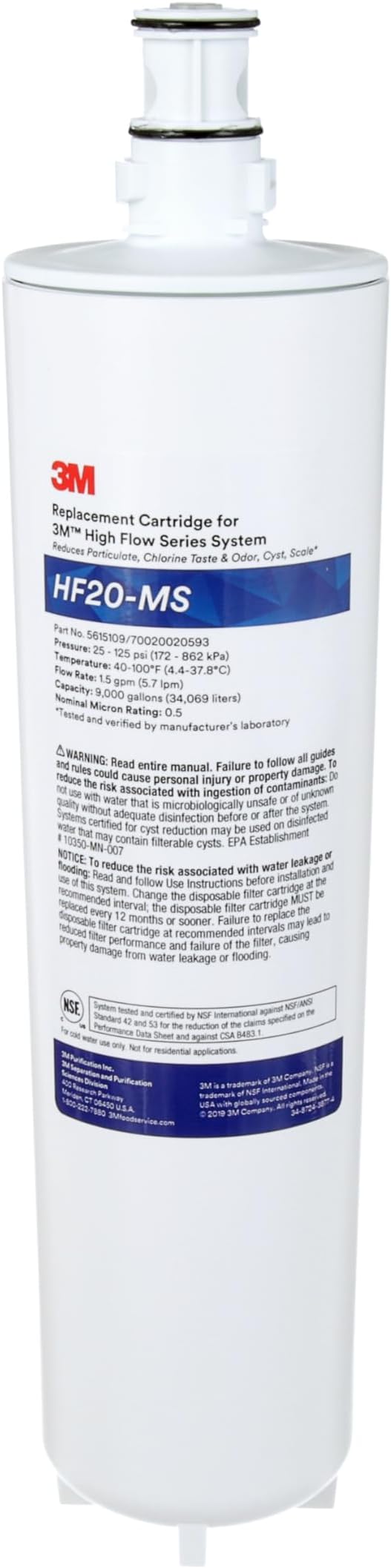 3M High Flow Series Filter Cartridge HF20-MS | For BREW120-MS System, Reduces Sediment, Chlorine Taste & Odor, Cyst, Scale, Microplastics
