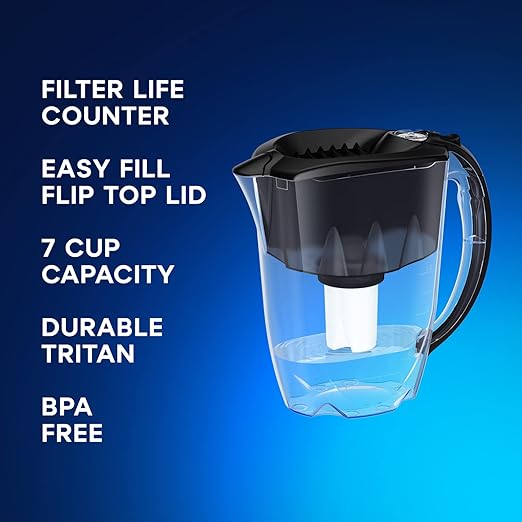 AQUAPHOR 7 Cup Ideal Water Filter Pitcher with 1 x B15 Filter | Reduces Chlorine & Heavy Metals | Fast Flow Water Filtration | BPA-Free & Dishwasher Safe | Improved & Filtered Water | Black