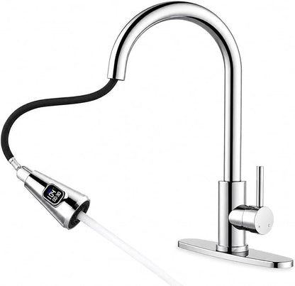 HOMELODY LED Temperature Display Kitchen Faucet with Pull Down Sprayer - Polished Chrome Single Handle Faucet for Kitchen Sink, High Arc Stainless Steel Design for RV Laundry Farmhouse Bar