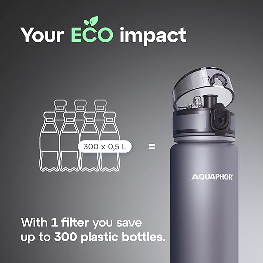 AQUAPHOR City Water Filter Bottle 500 ml | Portable Filtered Water Bottle with Integrated Water Purifier | BPA-Free | Reusable Bottle with Water Filter for Camping, Travel & Outdoor Use | Grey