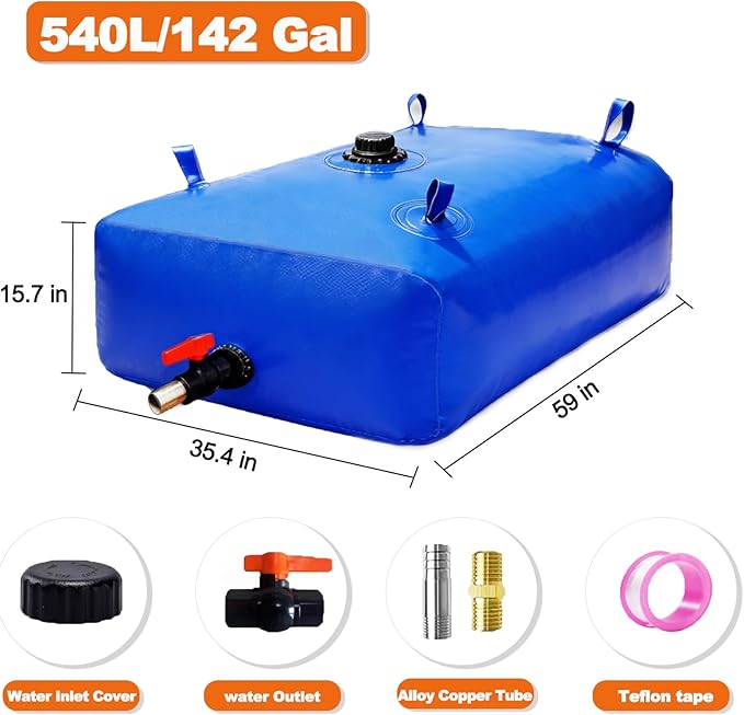 GHOSOONE 540 L/142 Gal Water Bladder Tank, Foldable Portable Water Storage Container, Emergency Water Bag for RV, Truck Bed, Fire Prevention, Drought Resistance, Blue