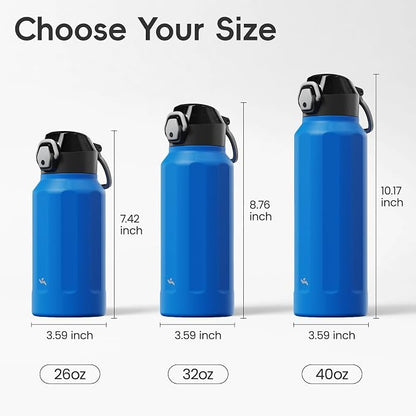Konokyo FLOWPLAY 40oz Locking Push-Button Water Bottle with Silicone Spout,Leak-Proof,18/8 Stainless Steel Double-Wall Vacuum Insulated for Sports and Travel,BPA-Free,Sapphire Blue