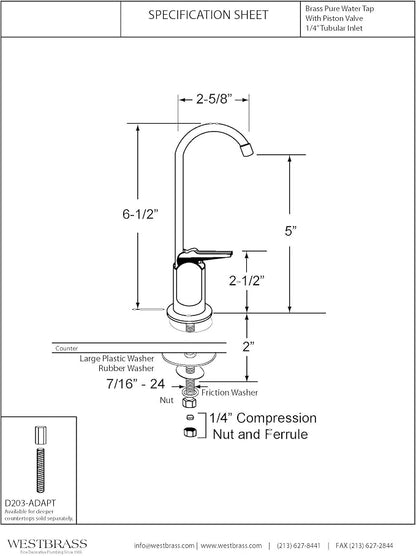 Westbrass R203-NL-05 Touch-Flo Style 6 in. Pure Water Dispenser, Polished Nickel