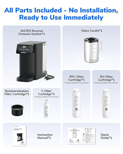 Ecoviva Mate 5 Countertop Reverse Osmosis Water Filter, 8-Stage RO Water Filtration System with 40 oz Water Pitcher, Alkaline Mineralization pH+, Compact Design, BPA-Free, Black