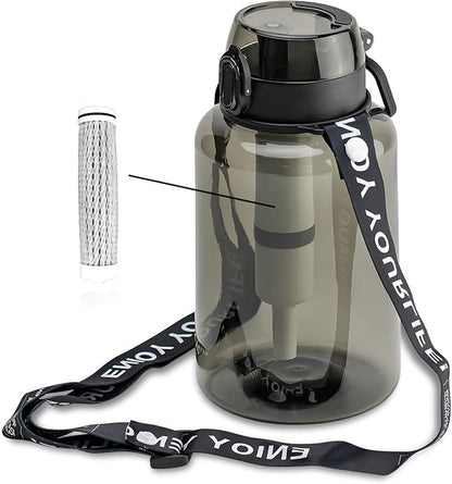 40 OZ Water Filter Bottle with 3-Stage Filtration - Ideal for Survival, Camping, Hiking, Backpacking, and Emergency - Portable&Reusable Filtered Water Bottle with Strap - Black