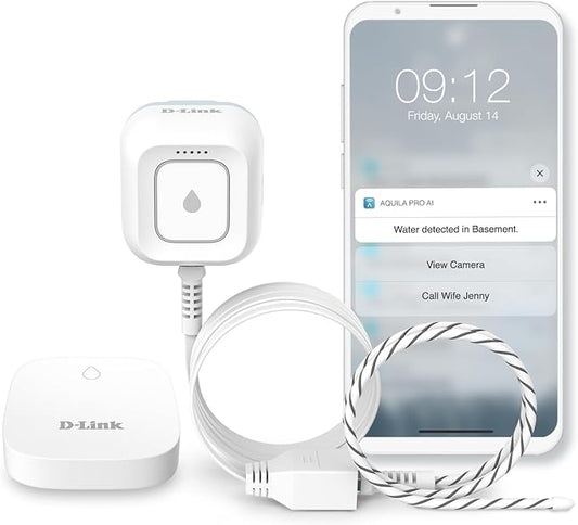 D-Link Next-Gen WiFi Water Leak Detector Starter Kit with 2 sensors—Loud 100 dB Sound Alarm—App Alert—LED Strobe Light—No Hub Required—Works with Google—1000ft Ultra-Long Range—Expandable (SW-A11KT)