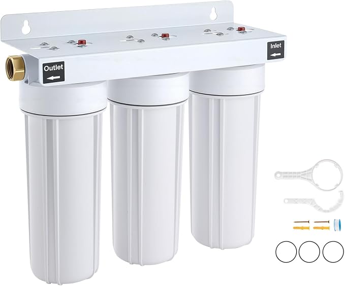 VEVOR RV Water Filter System, 5-Micron 3 Stage Premium RV Water Filtration System Replacement with Three Cartridges for RVs & Campers, Reduces Sediment, Chlorine, Certain Heavy Metals, Odors and More