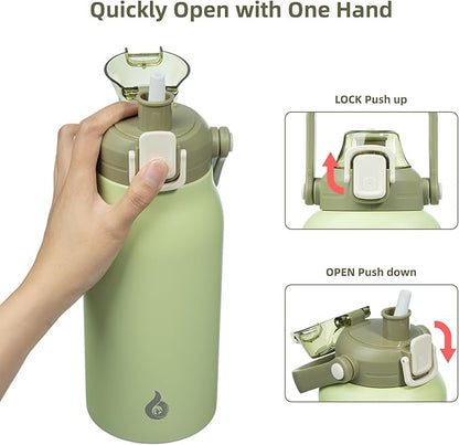 BJPKPK Insulated Water Bottles with Straw, 45 oz Stainless Steel Metal Water Bottle with One-handed Opening Lid, BPA Free Reusable Jugs for Gym Sports Outdoors, Light Green