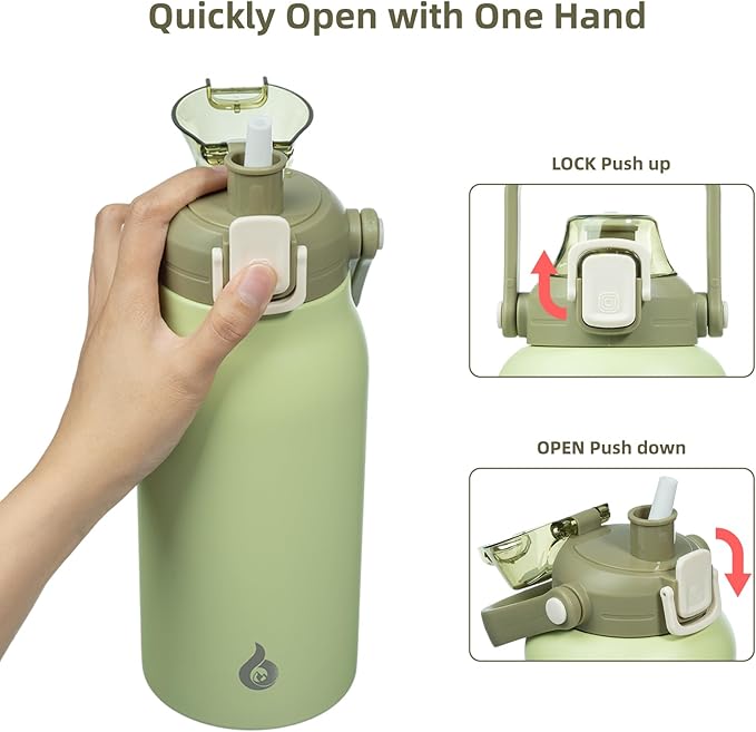 BJPKPK Insulated Water Bottles with Straw, 35 oz Stainless Steel Metal Water Bottle with One-handed Opening Lid, BPA Free Sport Jugs, Flasks for Men & Women, Light Green