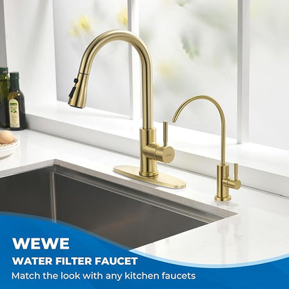 WEWE Drinking Water Faucet for Kitchen Sink, Gold Kitchen Water Filter Faucet Stainless Steel for Reverse Osmosis or Water Filtration System Beverage Non-Air Gap RO Faucet Gold Finish