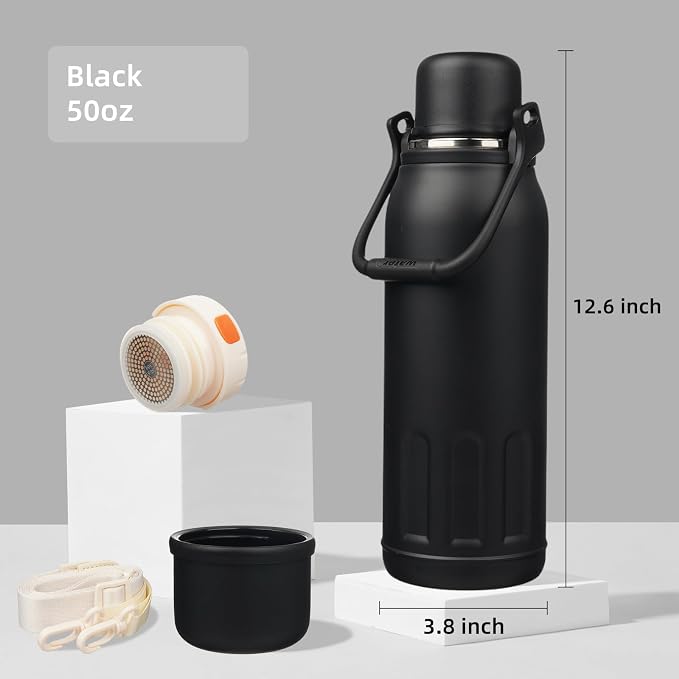 Konokyo Insulated Water Bottle with Handle and Strap,Vacuum Travel Tumbler with Cup Lid,Thermo Coffee Cup for Hot Cold Drinks 50 OZ,Black