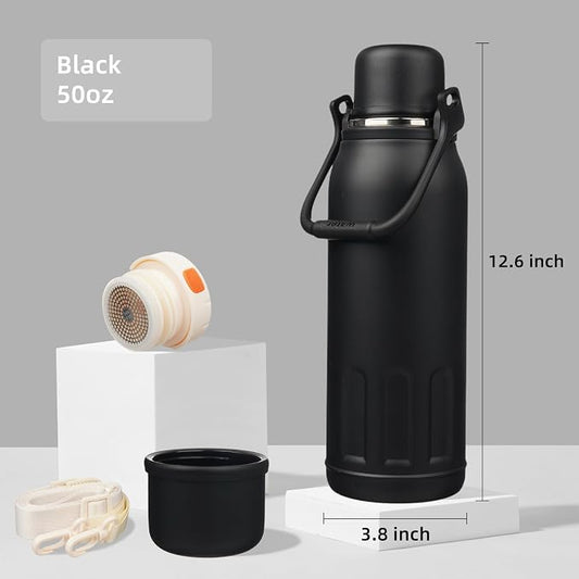 Konokyo Insulated Water Bottle with Handle and Strap,Vacuum Travel Tumbler with Cup Lid,Thermo Coffee Cup for Hot Cold Drinks 50 OZ,Black