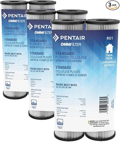 Pentair OMNIFilter RS1 Sediment Water Filter, 10-Inch, Standard Whole House Pleated Cellulose Sediment Replacement Filter Cartridge, 10" x 2.5", 20 Micron, (Pack of 6)