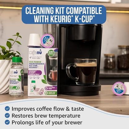 Keurig Compatible Descaling Solution and Keurig Cleaner Pods. Removes Limescale & Cleans Pod Area. Better Tasting & Hotter Coffee. 4 Uses of Descaler & Cleaner.