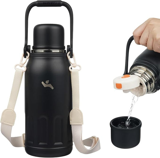 Konokyo Insulated Water Bottle with Handle and Strap,Vacuum Travel Tumbler with Cup Lid,Thermo Coffee Cup for Hot Cold Drinks 40 OZ,Black
