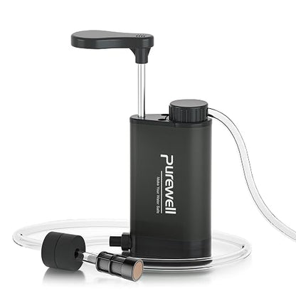 Purewell Stainless Steel Water Filter Pump with Replaceable Carbon 0.01 Micron Water Filter, 3 Filter Stages, Portable Outdoor Emergency and Survival Gear - Camping, Hiking, Backpacking(Black)