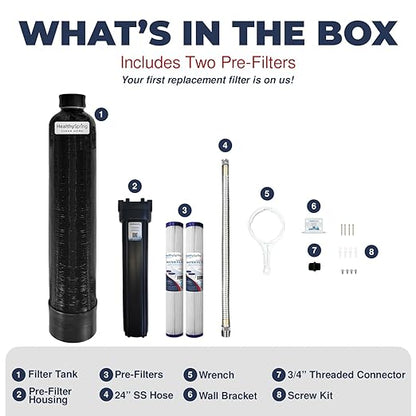 Clean Home Whole House Water Filter System – High-Capacity Carbon Filter for Chlorine & Chloramine Reduction, Up to 600,000 Gallons, Includes Pre-Filter Kit and Replacement Filter