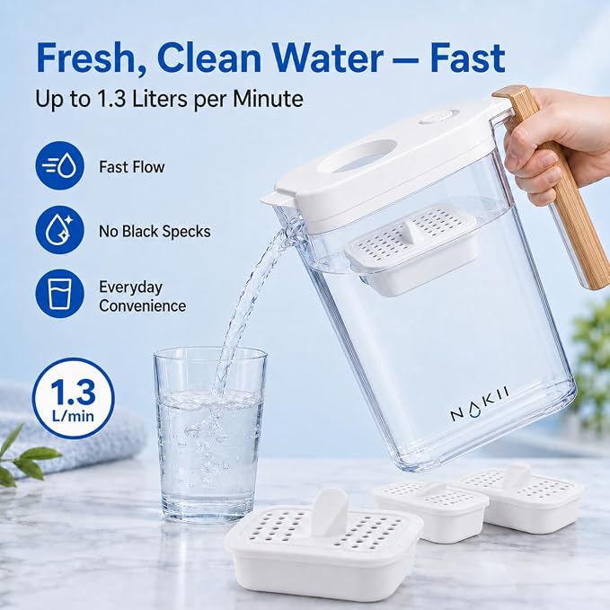 Nakii Genuine Original NFP-100 Replacement Water Filters, Official Nakii Pitcher Filter Refills, 3 Pack, WQA Certified, NSF Grade, 150-Gallon Long Life Filters, Reduces Chlorine, Mercury, Rust & More