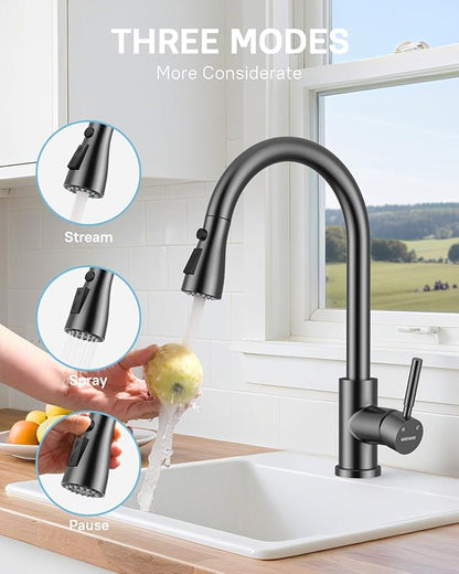 WEWE Kitchen Faucet with Pull Down Sprayer and Soap Dispenser, Matte Gray High Arc Single Handle Stainless Steel Sink Faucet, Suitable for Farmhouse, RV & Laundry