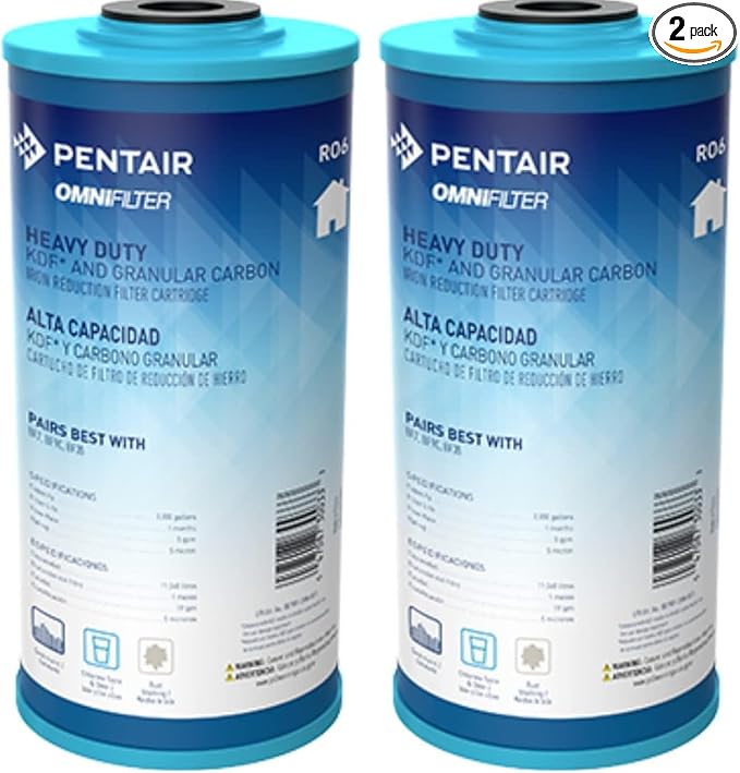 Pentair OMNIFilter RO6 Carbon Water Filter, 10" Whole House Heavy Duty Big Blue GAC and KDF Iron Reduction Replacement Cartridge, 10" x 4.5", 5 Micron 1 Count (Pack of 2)
