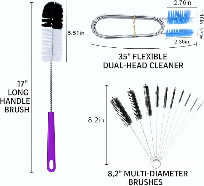 12 Pcs Glass Tube Pipe Cleaning Brush Set – 35" Flexible Hose Brush, 17" Extra Long & Multi-Sized Nylon Cleaners for Curved Glass Tubing, Narrow Neck Tumblers, Straws & Crevices