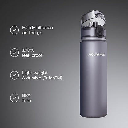 AQUAPHOR City Water Filter Bottle 500 ml | Portable Filtered Water Bottle with Integrated Water Purifier | BPA-Free | Reusable Bottle with Water Filter for Camping, Travel & Outdoor Use | Grey