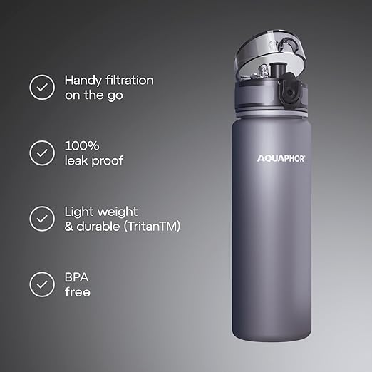AQUAPHOR City Water Filter Bottle 500 ml | Portable Filtered Water Bottle with Integrated Water Purifier | BPA-Free | Reusable Bottle with Water Filter for Camping, Travel & Outdoor Use | Grey
