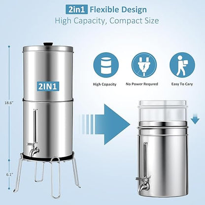 2.25G Ultra-Filtration Gravity Water Filter System-304 Stainless Steel Countertop System with Handle,2 Shut-Off Valves,4 Cups+Holders,2 Carbon Filters and Stand,NSF/ANSI 42 Certification