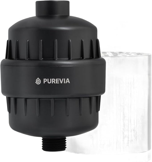PUREVIA Shower Filter for Hard Water – Helps Reduce Chlorine & Common Water Impurities | High Pressure Water Filter | Universal Fit | Replaceable Cartridge | Easy 2-Minute Installation | Matte Black