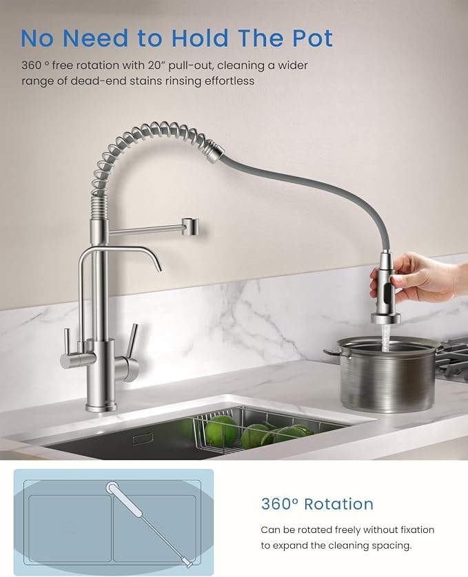 APPASO 3 in 1 Kitchen Faucet with Water Filter Brushed Nickel | 20 Inches High Arc Upgraded Separate Drinking Water 2 Handle 3 Way Kitchen Water Filter Faucet (Without Filtration Device)