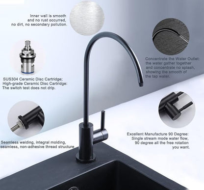 ESOW Kitchen Water Filter Faucet, 100% Lead-Free Drinking Water Faucet Fits Most Reverse Osmosis Units or Water Filtration System in Non-Air Gap, Stainless Steel 304 Body Matte Black Finish