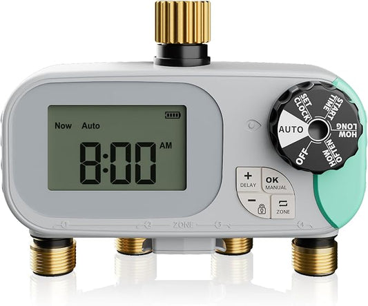 QUOBAS Sprinkler Timer for Garden Hose, Programmable Brass Water Timer | 4 Zone Hose Timer with Child Lock for Drip Irrigation, Pool, with Rain Delay/Auto/Manual, Waterproof Screen & Battery Powered