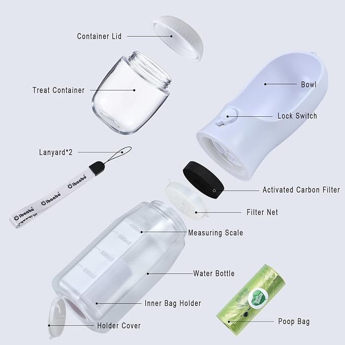 Cibaabo Dog Water Bottle with Food Container & Poop Bag Holder & Filter | Travel Water Bowl, Portable Pet Dispenser, Dog Gifts, Puppy Essentials for Walking Hiking