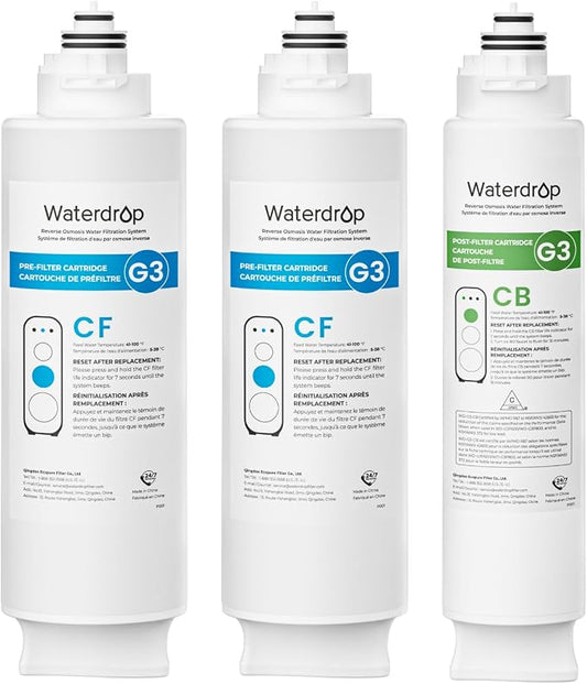 Waterdrop G3-2CFCB Filter, Replacement for G3-W & G3P600 & G3P800 RO System | NSF/ANSI 42 & 53 & 372 Certified, Pack of 2 G3-N1CF Filters and 1 G3-N3CB Filter, 1-Year Combo