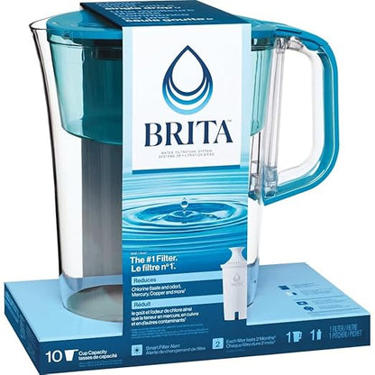 Brita Tahoe Large 10 Cup Water Filter Pitcher with Smart Light Filter Reminder and 1 Standard Filter- Transparent Teal