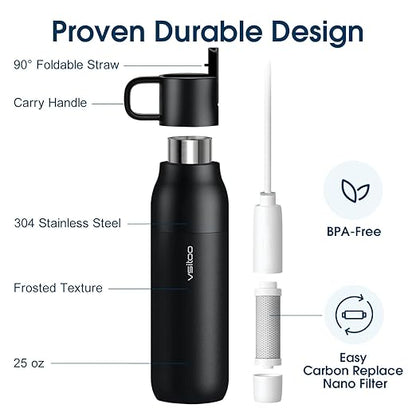 VSITOO 25oz Insulated Stainless Steel Filtered Water Bottle for Travel and Everyday Use，5-Stage 0.01μm Ultra-strong Filtration，Reusable，Improves Taste，for Hiking, Cycling, Gym & Outdoor Use，Black