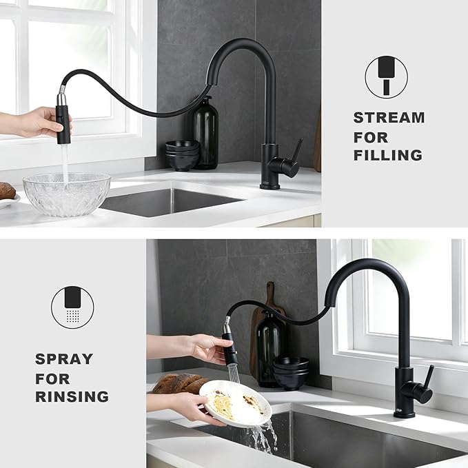 Tohlar Black Kitchen Faucets with Pull-Down Sprayer Single Handle Kitchen Faucet, Modern Stainless Steel Kitchen Sink Faucet with Deck Plate