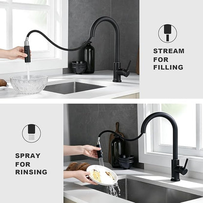 Tohlar Black Kitchen Faucets with Pull-Down Sprayer Single Handle Kitchen Faucet, Modern Stainless Steel Kitchen Sink Faucet with Deck Plate