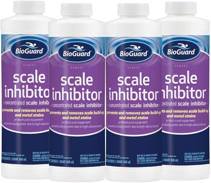 BioGuard Scale Inhibitor, 32 oz, Pack of 4, Concentrated Formula, Prevents and Removes Scale Build-Up and Metal Stains, Protects Pool Equipments