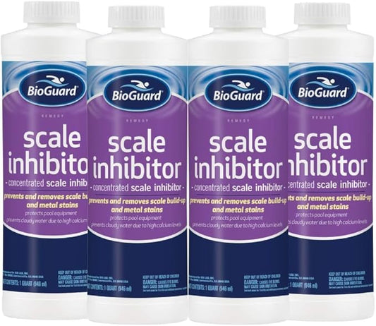 BioGuard Scale Inhibitor, 32 oz, Pack of 4, Concentrated Formula, Prevents and Removes Scale Build-Up and Metal Stains, Protects Pool Equipments
