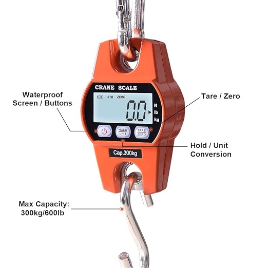 Fuzion Hanging Scale 660LB - Heavy Duty Crane Scale with Aluminum Body | Stainless Steel Hook, Hold/Tare Function, Large Display, Digital Hanging Scales for Weighing Animals, Hays, Fish, Luggage