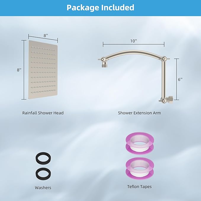 Hibbent All Metal Rain Shower Head, 8'' High Pressure Rainfall Square Showerhead with 16" Shower Extension Arm, Solid Brass Adjustable Shower Arm Extender, Waterfall Fixed Showerheads, Brushed Nickel