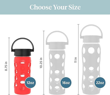 Lifefactory 12-Ounce BPA-Free Glass Water Bottle with Classic Cap and Protective Silicone Sleeve, Apple Red