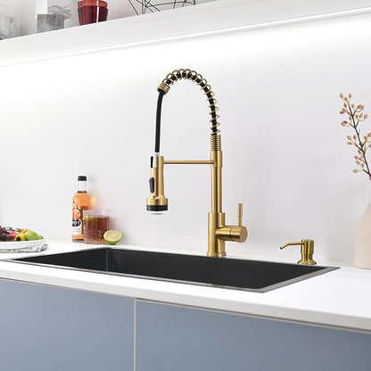 GIMILI Gold Kitchen Faucet with Soap Dispenser Single Hole Pull Down Sprayer LED Faucet, Suitable for Farmhouses, RV, Laundry Room, Outdoor, and Campers. Llave para fregadero de cocina